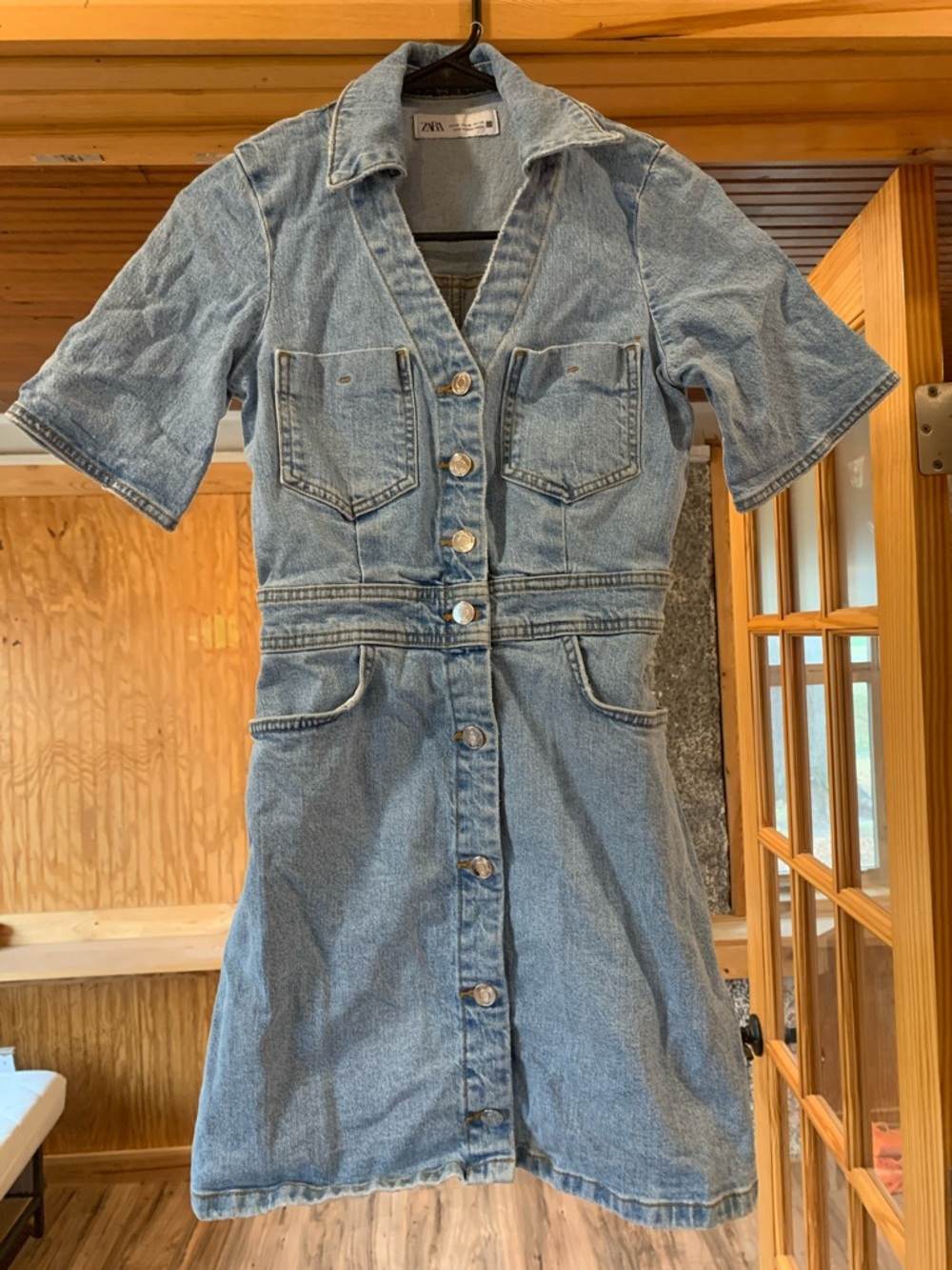 Women's Zara Button Front Short Sleeve Mini Light Wash Rodeo Denim Jean Dress XS
